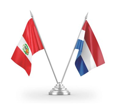 Netherlands and Peru table flags isolated on white 3D rendering