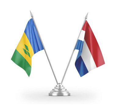 Netherlands and Saint Vincent and the Grenadines table flags isolated on white 3D rendering
