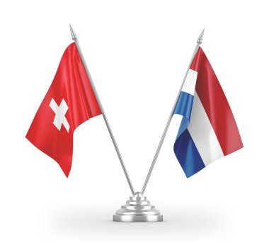 Netherlands and Switzerland table flags isolated on white 3D rendering