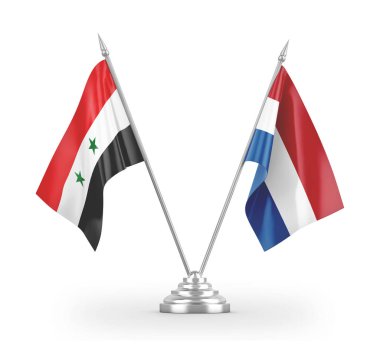 Netherlands and Syria table flags isolated on white 3D rendering