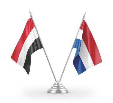 Netherlands and Yemen table flags isolated on white 3D rendering