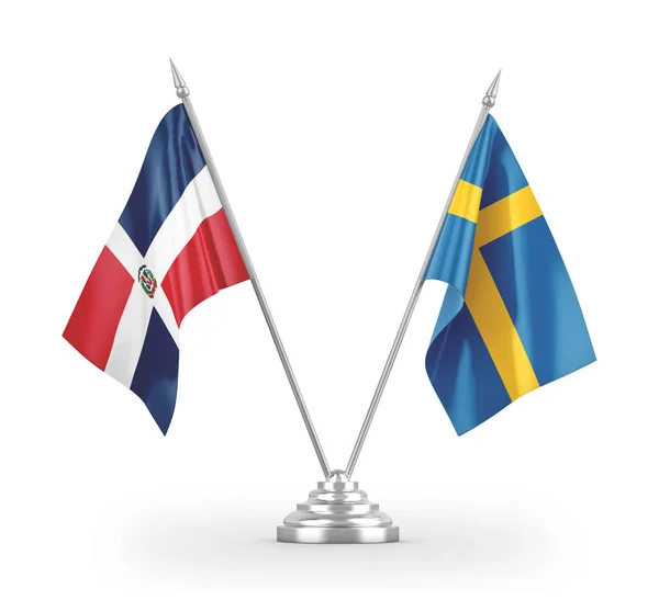 Sweden and Dominican Republic table flags isolated on white 3D rendering — Stok fotoğraf