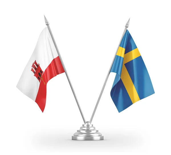Flagi Szwecji i Gibraltaru tabeli izolowane na białym 3d renderowania — Zdjęcie stockowe