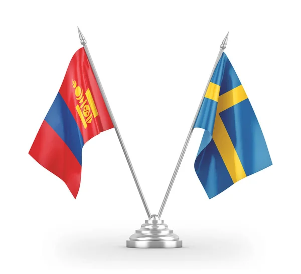 Bandeiras de mesa da Suécia e da Mongólia isoladas em renderização 3D branca — Fotografia de Stock