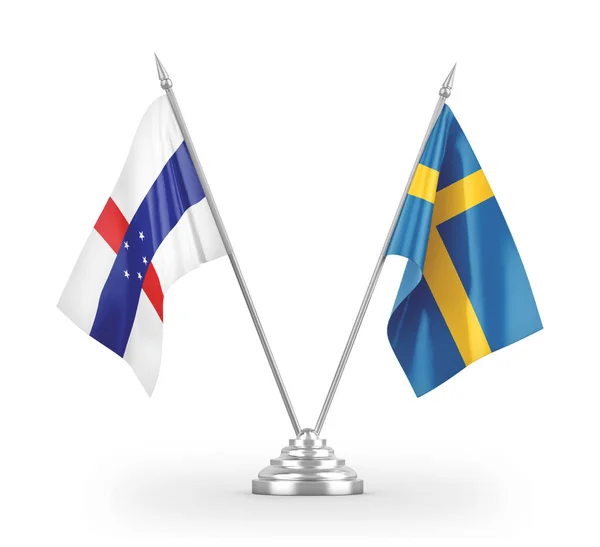 Banderas de mesa de Suecia y las Antillas Holandesas aisladas en renderizado 3D blanco —  Fotos de Stock