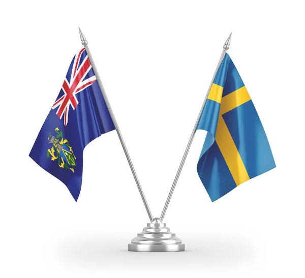 Banderas de mesa Suecia e Islas Pitcairn aisladas en renderizado 3D blanco —  Fotos de Stock