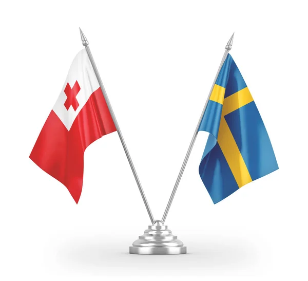 Sweden and Tonga table flags isolated on white 3D rendering — 图库照片