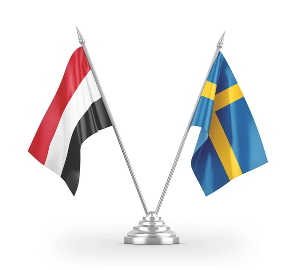 Banderas de mesa Suecia y Yemen aisladas en renderizado 3D blanco — Foto de Stock