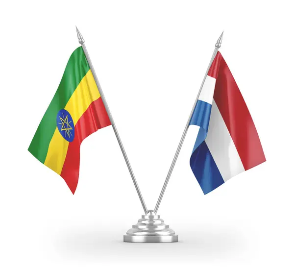 Banderas de mesa de Holanda y Etiopía aisladas en renderizado 3D blanco — Foto de Stock