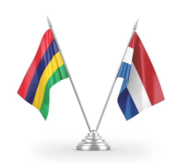 Netherlands and Mauritius table flags isolated on white 3D rendering — Stock Photo, Image