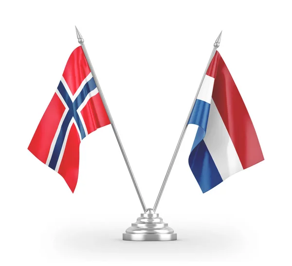 Banderas de mesa holandesas y noruegas aisladas en representación 3D blanca —  Fotos de Stock
