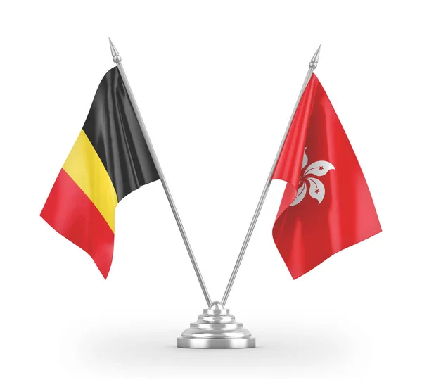 Hong Kong és Belgium asztali zászlók elszigetelt fehér 3d renderelés — Stock Fotó