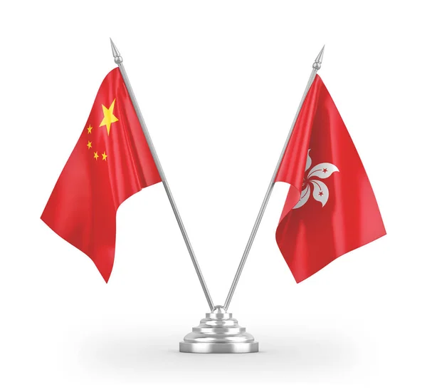 Hong Kong and China table flags isolated on white 3D rendering — Stok fotoğraf