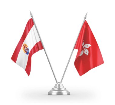 Hong Kong and French Polynesia table flags isolated on white 3D rendering
