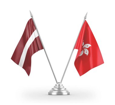 Hong Kong and Latvia table flags isolated on white 3D rendering