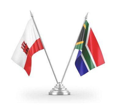 South Africa and Gibraltar table flags isolated on white 3D rendering