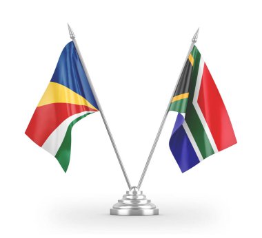 South Africa and Seychelles table flags isolated on white 3D rendering