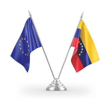 Venezuela and European Union table flags isolated on white 3D rendering