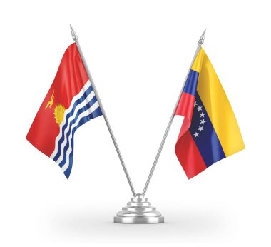 Venezuela ve Kiribati masa bayrakları beyaz 3D görüntülerde izole edildi