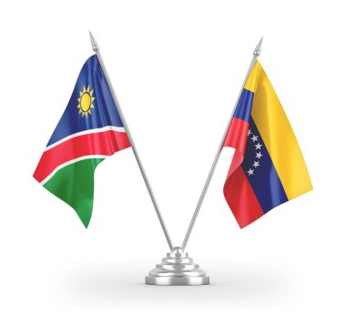 Venezuela ve Namibya masa bayrakları beyaz 3D görüntüleme üzerinde izole edildi