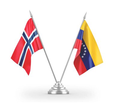 Venezuela ve Norveç masa bayrakları beyaz 3D görüntüleme üzerinde izole