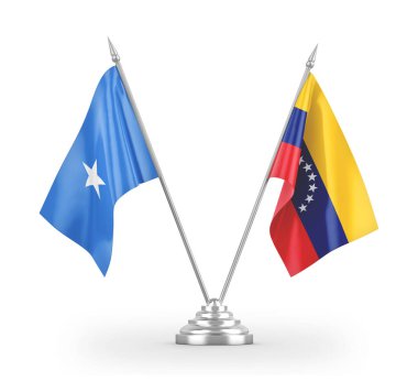 Venezuela ve Somali masa bayrakları beyaz 3D görüntülerde izole edilmiş.