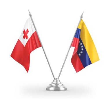 Venezuela ve Tonga masa bayrakları beyaz 3D görüntüleme üzerinde izole