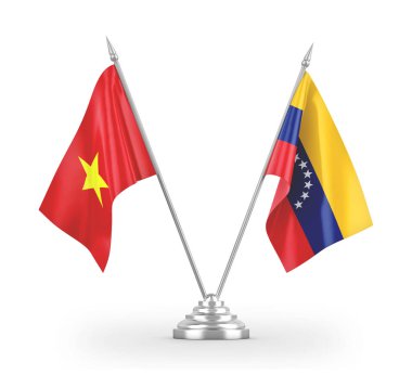 Venezuela ve Vietnam masa bayrakları beyaz 3D görüntülerde izole edilmiş.