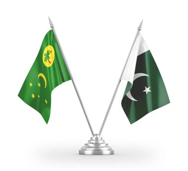 Pakistan ve Cocos Keeling Adaları masa bayrakları beyaz 3D görüntüleme üzerinde izole