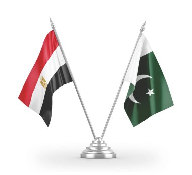 Pakistan ve Mısır masa bayrakları beyaz 3D görüntülerde izole edildi