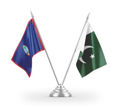 Pakistan ve Guam masa bayrakları beyaz 3D görüntülerde izole edildi