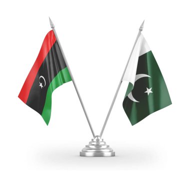 Pakistan ve Libya masa bayrakları beyaz 3D görüntülerde izole edildi