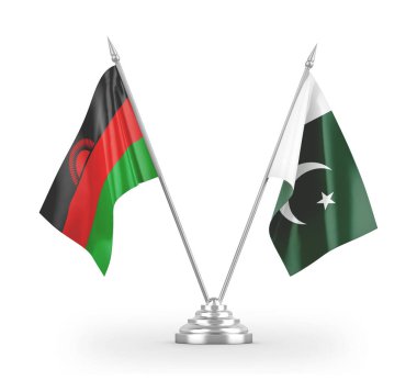 Pakistan ve Malawi masa bayrakları beyaz 3D görüntülerde izole edildi