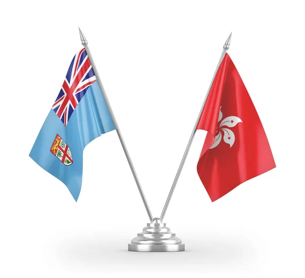 Bandeiras de mesa de Hong Kong e Fiji isoladas em renderização 3D branca — Fotografia de Stock