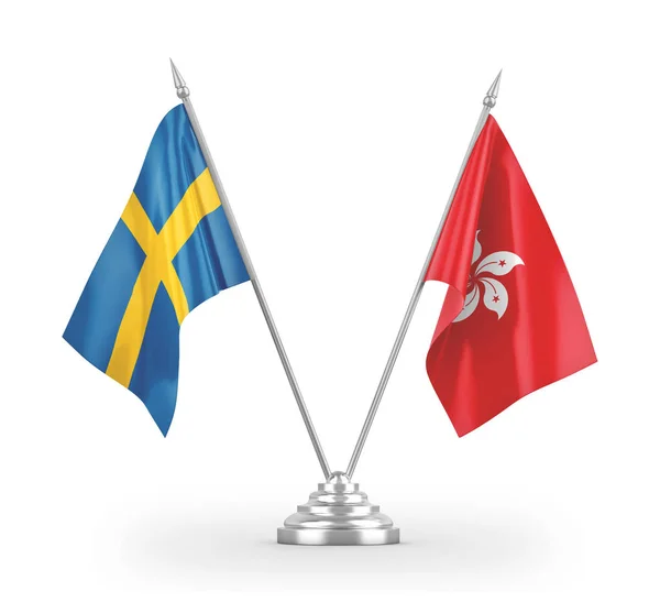 Bandeiras de mesa de Hong Kong e Suécia isoladas em renderização 3D branca — Fotografia de Stock