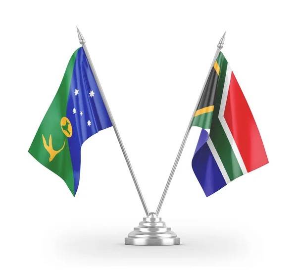 Dél-Afrika és Christmas Island asztali zászlók elszigetelt fehér 3d renderelés — Stock Fotó