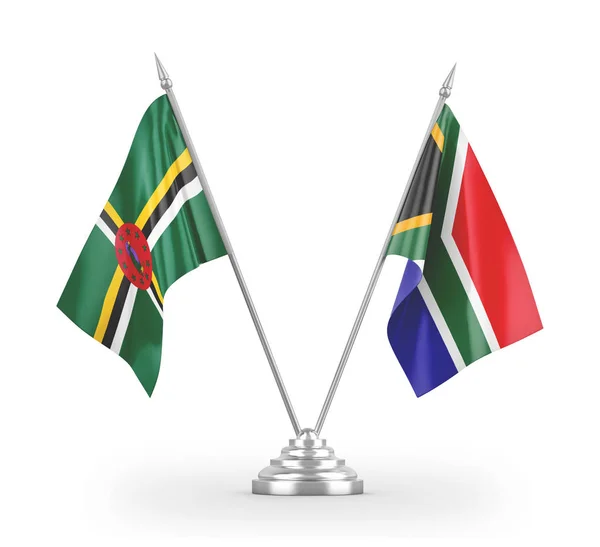 Bandeiras de mesa da África do Sul e Dominica isoladas em renderização 3D branca — Fotografia de Stock