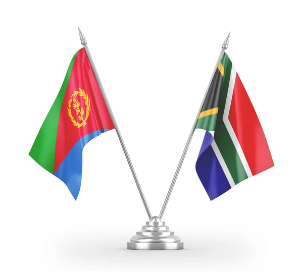 South Africa and Eritrea table flags isolated on white 3D rendering — Stok fotoğraf