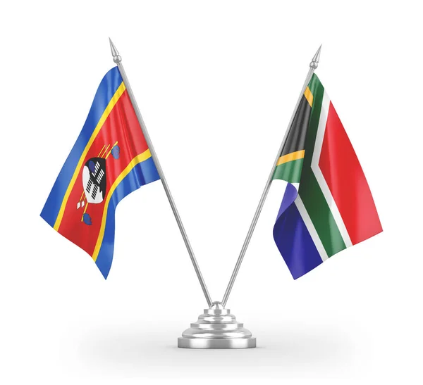 Dél-Afrika és Eswatini Szváziföld asztali zászlók elszigetelt fehér 3d renderelés — Stock Fotó