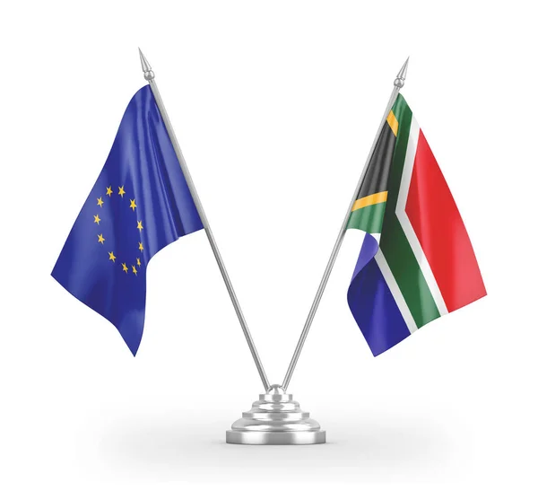 Drapeaux de table d'Afrique du Sud et de l'Union européenne isolés sur un rendu 3D blanc — Photo