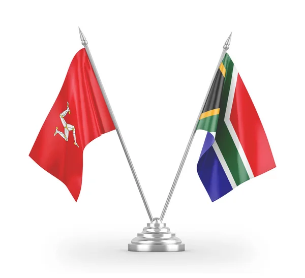Banderas de mesa de Sudáfrica e Isla de Mann aisladas en renderizado 3D blanco — Foto de Stock
