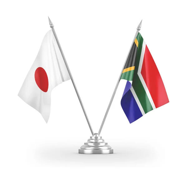 Banderas de mesa de Sudáfrica y Japón aisladas en renderizado 3D blanco — Foto de Stock