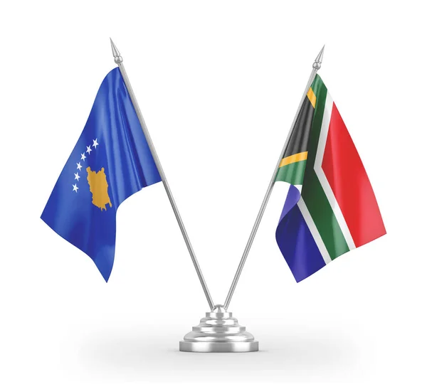 Banderas de mesa de Sudáfrica y Kosovo aisladas en renderizado 3D blanco — Foto de Stock