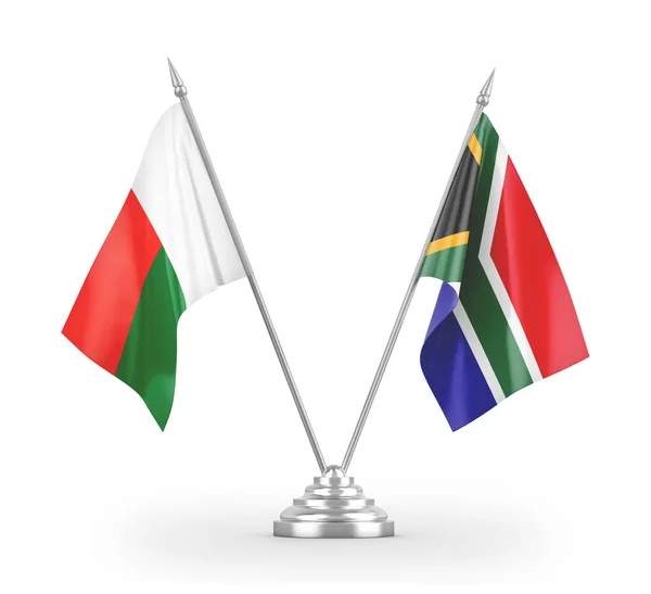 Drapeaux de table sud-africains et malgaches isolés sur un rendu 3D blanc — Photo