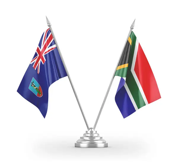 Bandeiras de mesa da África do Sul e Montserrat isoladas em renderização 3D branca — Fotografia de Stock