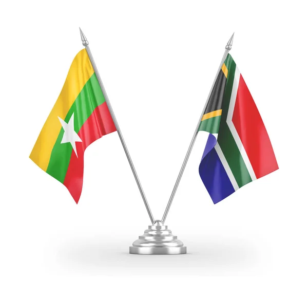 South Africa and Myanmar table flags isolated on white 3D rendering — 图库照片