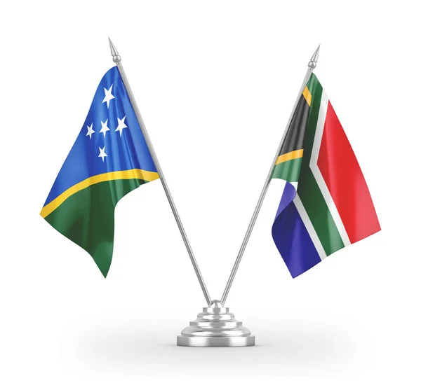 Νότια Αφρική και Νήσοι Σολομώντος επιτραπέζια σημαίες που απομονώνονται σε λευκό 3d απόδοση — Φωτογραφία Αρχείου