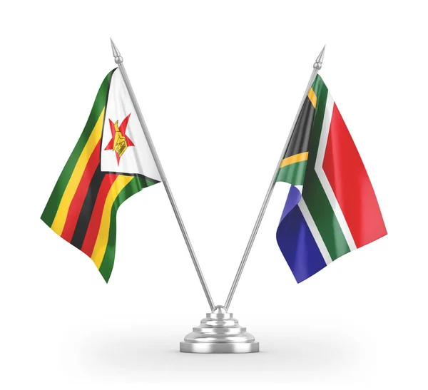 Drapeaux de table d'Afrique du Sud et du Zimbabwe isolés sur un rendu 3D blanc — Photo