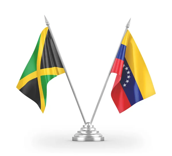 Banderas de mesa Venezuela y Jamaica aisladas en renderizado 3D blanco — Foto de Stock