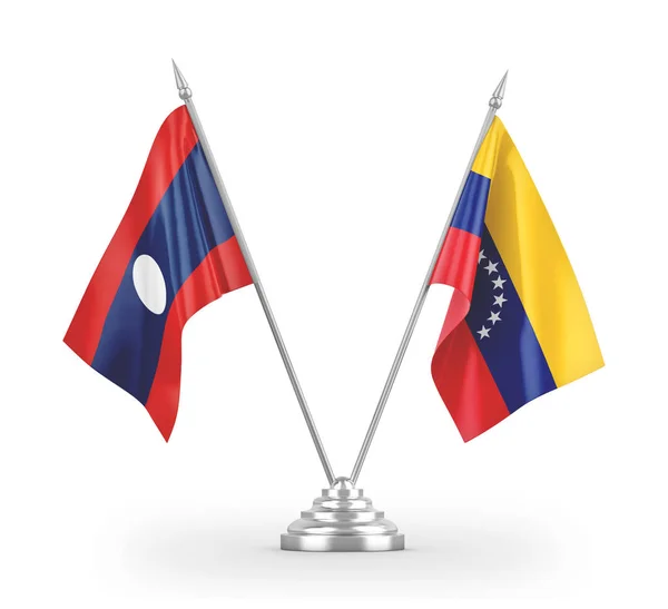 Flagi stołowe Wenezueli i Laosu izolowane na białym renderingu 3d. — Zdjęcie stockowe
